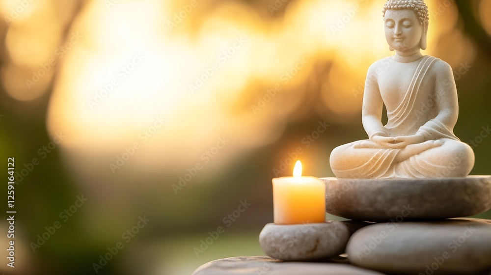 Aufkleber serene buddha statue surrounded by peaceful elements and warm candlelight : generative ai