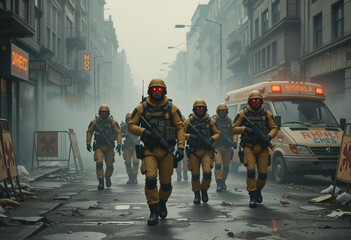 Biological Warfare &ndash; Soldiers in Hazmat Suits in an Abandoned City
