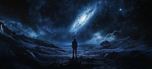 Obraz premium Lone figure on alien planet gazes at nebula