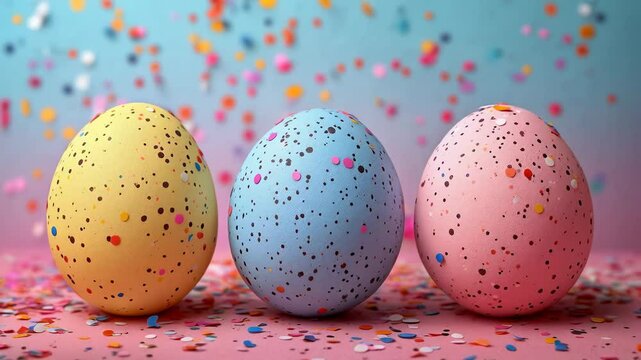 Colorful Speckled Eggs Surrounded by Festive Confetti Celebration