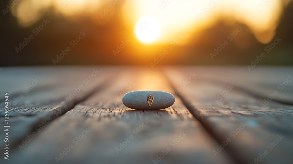 Poster minimalistic close-up view of a smooth stone on wooden surface during sunset : generative ai