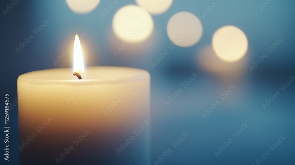 Poster Relaxing Close Up of Lit Candle with Soft Glowing Lights in Background : Generative AI