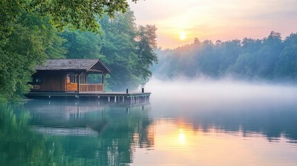 Fototapeta premium Lakeside Cabin Sunrise Misty Morning Tranquility