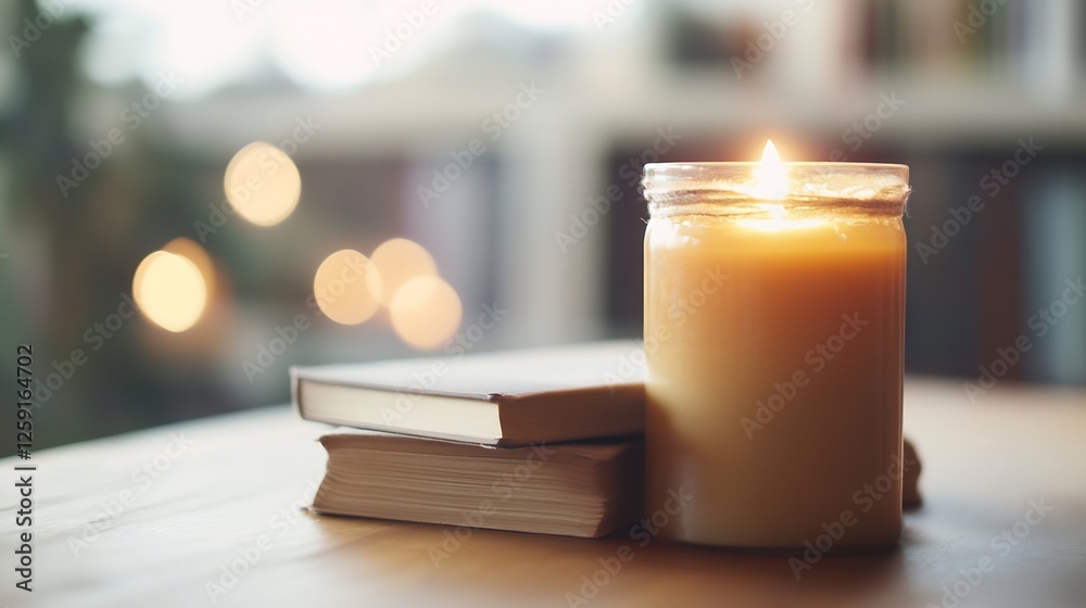 Leinwandbilder scented candle lit next to stack of books creating a cozy and inviting atmosphere : generative ai