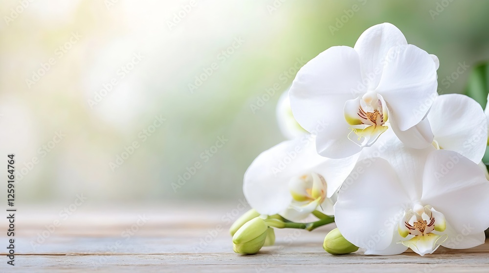 Aufkleber elegant white orchids gently resting on a rustic wooden surface surrounded by soft natural light : g