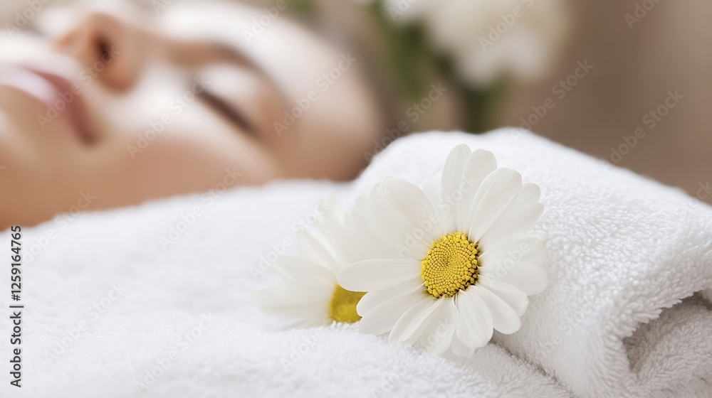 Poster relaxing spa session with white towels and fresh daisies for a calm atmosphere : generative ai