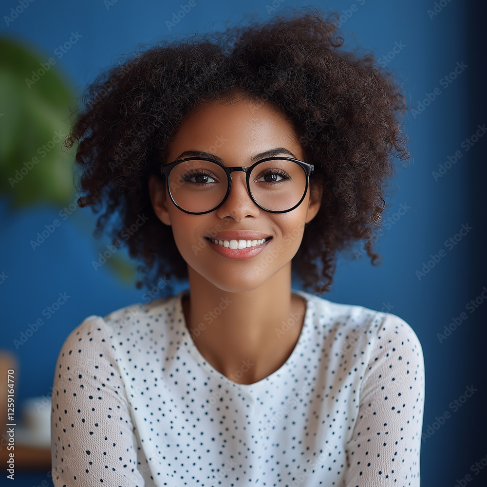 Wall mural beautiful woman African American wearing glasses young business woman looking at the window working in company office entrepreneur manager businesswoman using communication learning at workplace