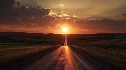 Sunset over a long country road.