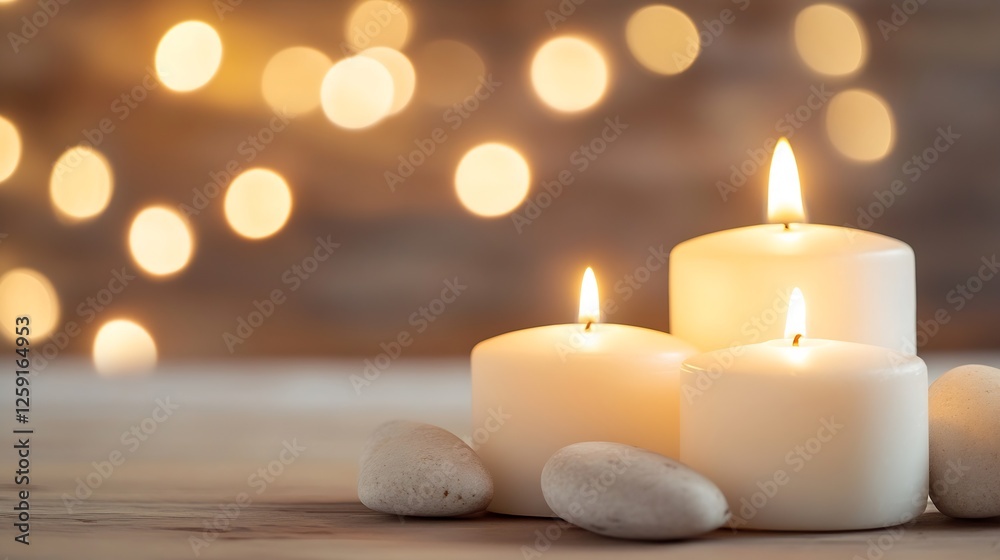 Aufkleber Beautifully Lit Candles Surrounded by Smooth Stones Creating a Relaxing Atmosphere : Generative AI