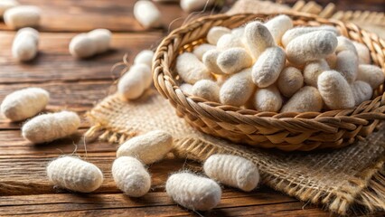 Closeup of organic silkworm cocoons on a wooden surface , earthy tone, natural fiber,  earthy tone