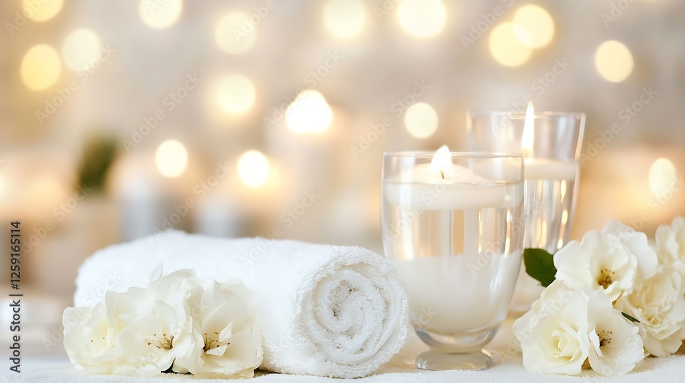 Aufkleber Relaxing Spa Candle Setup with White Towels and Elegant White Flowers in Blurred Background : Generative AI