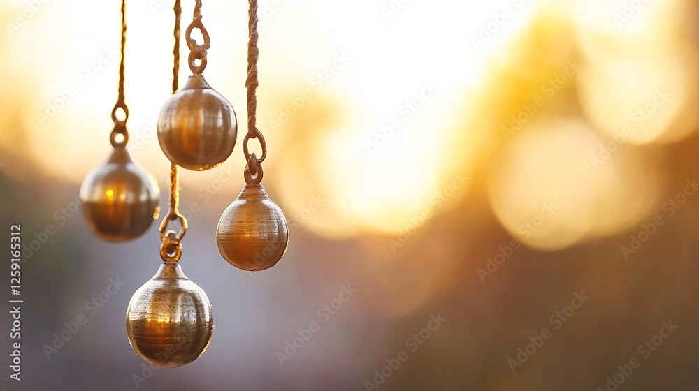 Poster hanging pendulums reflecting sunlight against a soft blurred background for artistic designs : gener