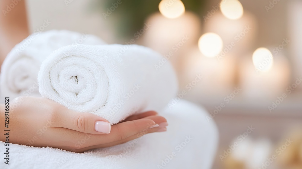 Poster luxurious spa concept with soft white rolled towels and gentle candlelight for relaxation and wellne