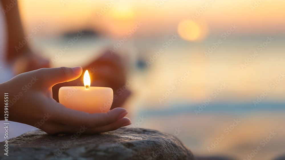 Aufkleber Hand holding a lit candle with a soft sunset background creating a serene and calming mood : Generative AI