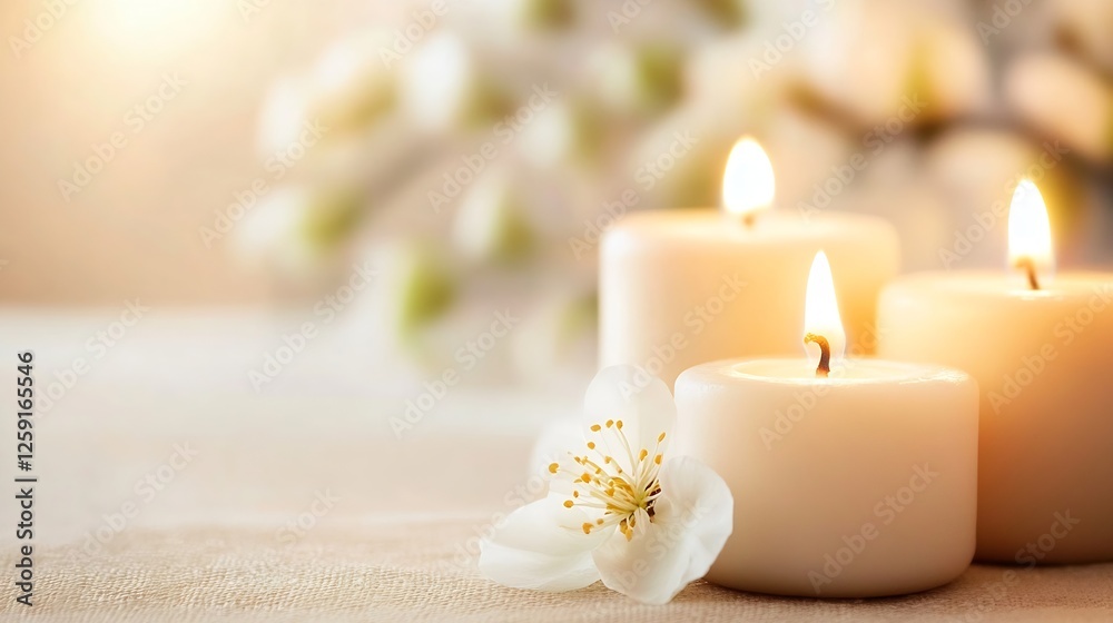 Poster Calming Scene with Burning White Candles and Beautiful Flower on Soft Table Design : Generative AI