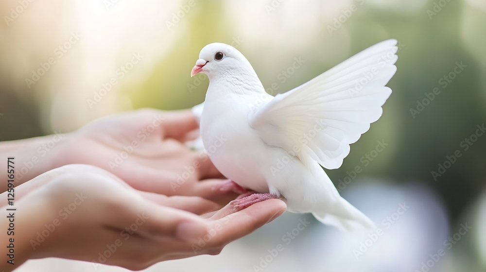 Aufkleber Beautiful white dove in hands with wings spread and soft background : Generative AI