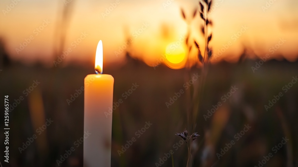 Poster warm ambient light from a candle at sunset with nature background : generative ai
