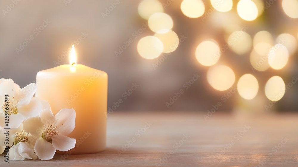 Aufkleber A glowing candle surrounded by delicate flowers and a dreamy diluted bokeh background creating a relaxing ambiance : Generative AI