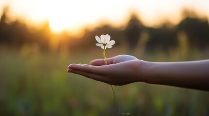 Delicate Flower Gripped Between Fingers Against a Serene Sunset Background in Nature : Generative AI