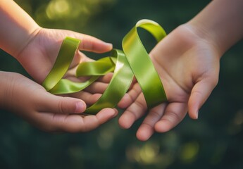 Adult and child hands holding Lime GreenRibbon, Mental health awareness month