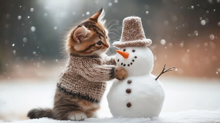 Kitten in Sweater Adorably Meets Snowman in Winter