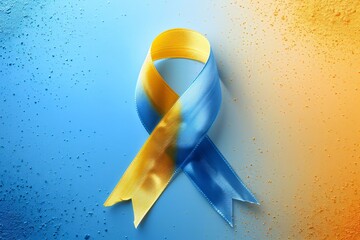 Down syndrome awareness blue and yellow ribbon on gradient background with dots. Support symbol for trisomy 21 medical condition. World down syndrome day campaign design