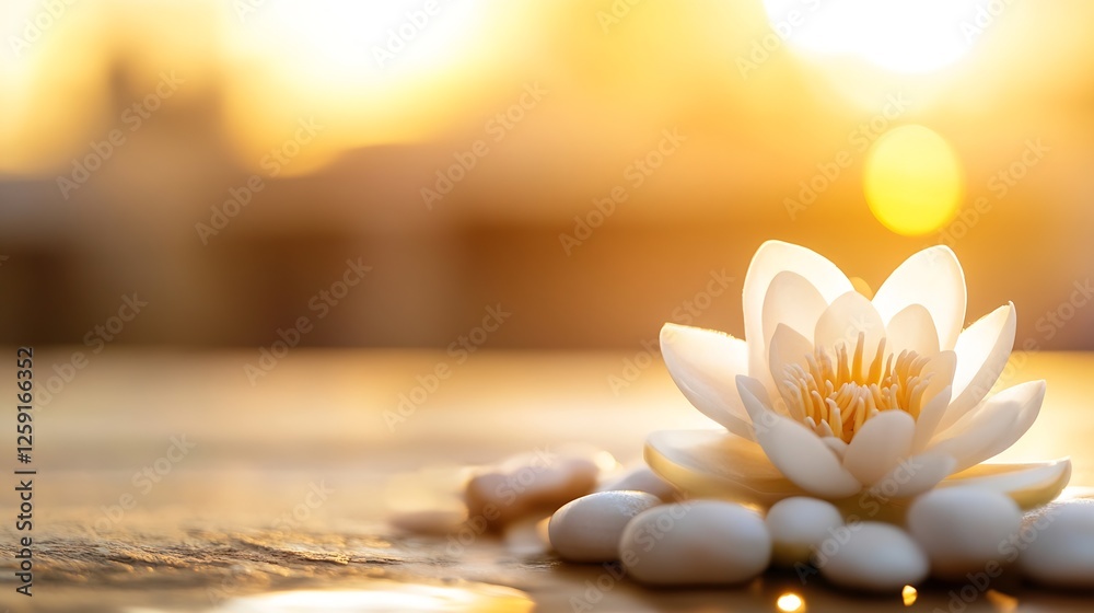 Poster Beautiful White Lotus Flower Floating on Water with Soft Sunlight Creating a Calm and Peaceful Atmosphere : Generative AI