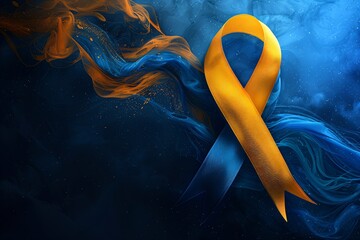 Down syndrome awareness blue and yellow ribbon on dark blue background. Support symbol for trisomy 21 medical condition. World down syndrome day campaign design