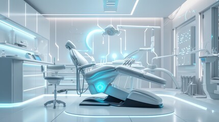 A sleek, futuristic dental clinic featuring advanced high-tech equipment and neon blue lighting, creating a clean and modern atmosphere. AI generated.