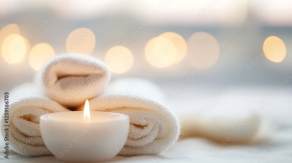 Aufkleber Relaxing Spa Scene with Soft Towels and a Candle for a Calm Atmosphere : Generative AI