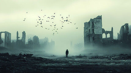 A lone figure stands amidst the ruins of a forgotten city, shrouded in mist and the flight of birds, a poignant testament to loss and resilience. Serene Apocalypse. Illustration