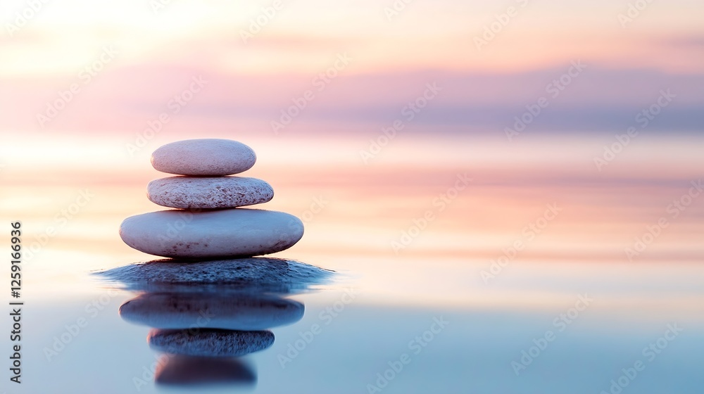 Aufkleber Serene stack of smooth stones on water surface reflecting soft pastel hues of dawn symbolizing balance and calmness : Generative AI