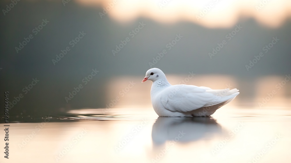 Poster serene image of a white bird swimming calmly in the reflective waters during golden hour : generativ