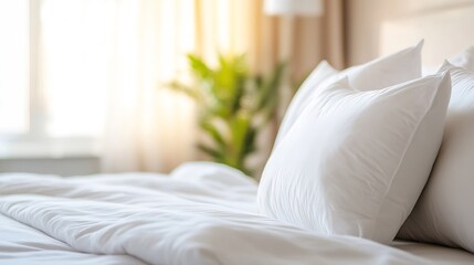 Cozy bedroom interior with soft white pillows and natural light streaming through curtains : Generative AI