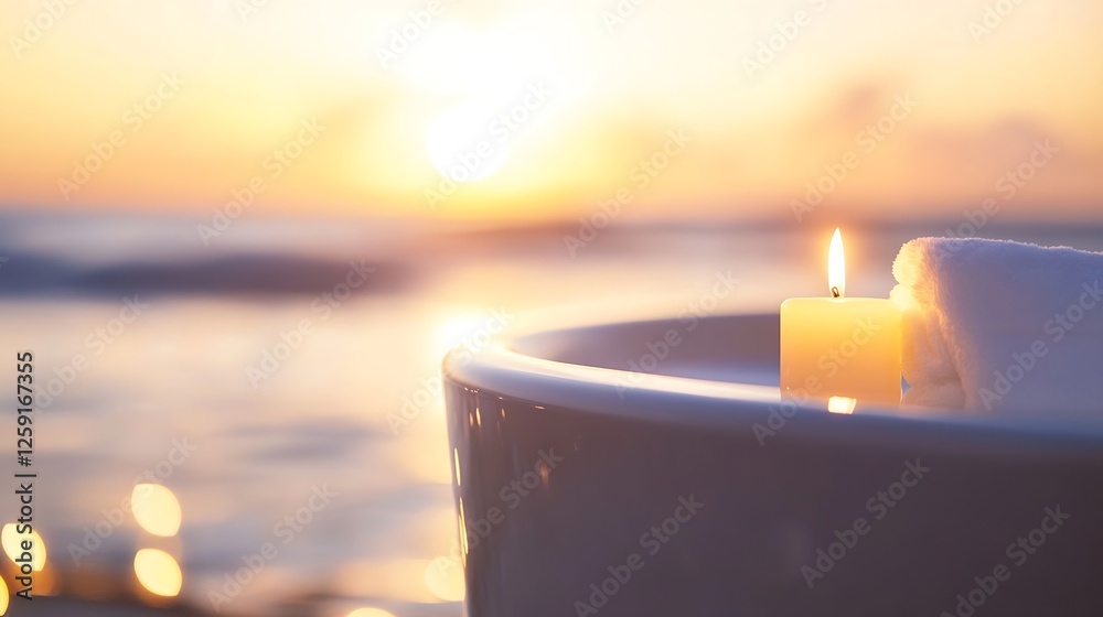 Poster tranquil sunset scene with a lit candle in a bowl symbolizing relaxation and serenity by the ocean :