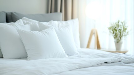 Cozy Bedroom with Soft White Pillows and Gentle Natural Light Streaming Through the Curtains : Generative AI