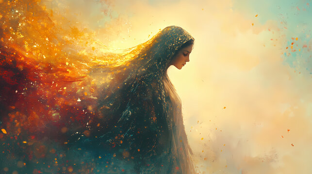 A serene image of a woman symbolizing purity and light. Serene Apocalypse. Illustration