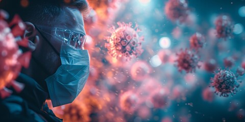 Asian man wearing protective face mask during covid pandemic with virus cells background. Medical safety concept. Healthcare professional with surgical mask in crisis