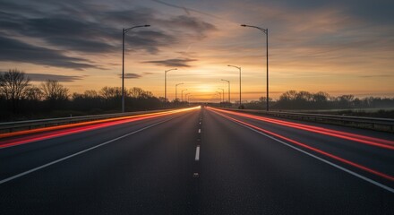 Fototapeta premium Highway at Sunset with Light Trails and Dramatic Sky Landscape
