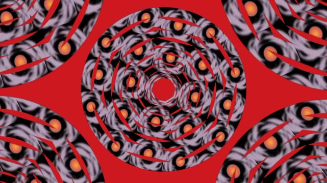 red background, with an elegant moving circle pattern
