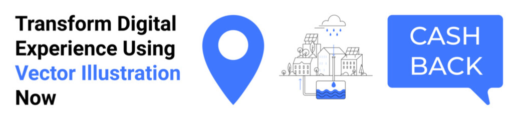 Location pin, cityscape, cashback speech bubble emphasize digital experience, urban settings, and rewards. Ideal for marketing, finance, e-commerce, maps digital services sales flat landing page