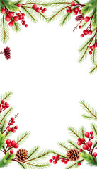 Fototapeta premium Watercolor winter plants, berries framer with green pine branches, pine cones, isolated on white background. Christmas holiday border for Invitation template, digital art. with white shades