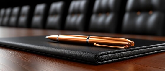 Fototapeta premium A sleek pen rests on a leather notebook, set against a polished conference table and upholstered chairs, symbolizing professionalism and business meetings.