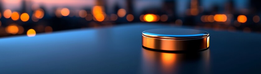 A close-up view of a metallic object on a surface, illuminated by soft, warm lights from a cityscape in the background during twilight.