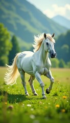 Obraz premium Unicorn Mare prancing in a lush meadow, mane flowing in the wind, meadow, nature, green