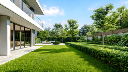 Fototapeta premium Modern house backyard lawn architecture outdoors