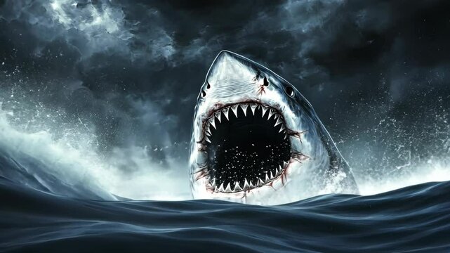 Massive shark breaches the ocean surface in a dramatic display of power and ferocity
