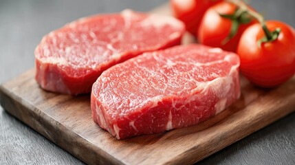 Raw steaks, tomatoes, wooden board, dark background, food photography