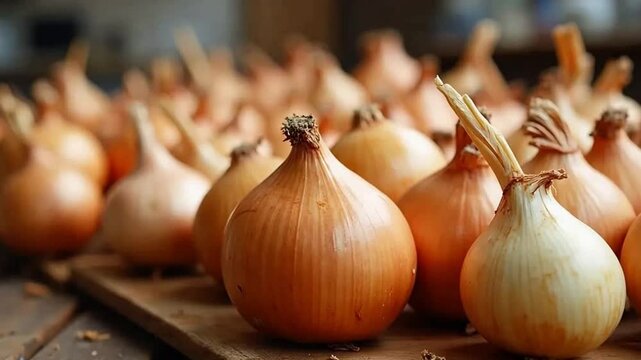 Fresh whole onions with golden skin isolated on a table