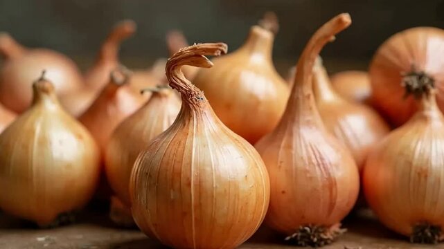 Fresh whole onions with golden skin isolated on a table